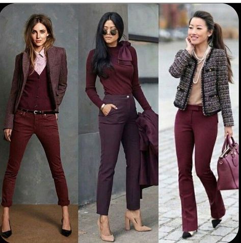 Wine Colored Jeans Outfit, Wine Color Combinations Outfits, Outfit Semiformal Mujer, Outfit Pantalon Vino, Burgundy Jeans Outfit, Burgundy Pants Outfit, Casual Pullover Outfit, Maroon Pants Outfit, Jeggings Outfit