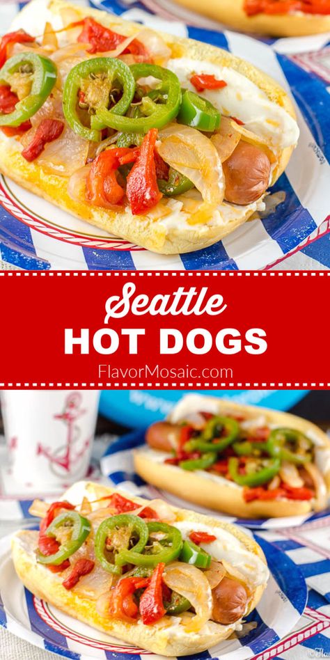 Seattle Hot Dogs with cream cheese, jalapeños, onions, and Roasted Red Peppers, also known as Seattle Dogs, are popular hot dogs in Seattle at the Seattle Mariners baseball games. Seattle Hot Dog, Peppers Cream Cheese, Seattle Mariners Baseball, Best Sandwich Recipes, Mariners Baseball, Bowl Party Food, Bread Easy, Hot Dog Recipes, Weiners