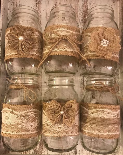 Fall Mason Jar Centerpieces, Boho Bridal Shower Decorations, Mason Jar Wedding Decor, Burlap Centerpieces, Lace Mason Jars, Wedding Jars, Wedding Centerpieces Mason Jars, Burlap Mason Jars, Fall Mason Jars