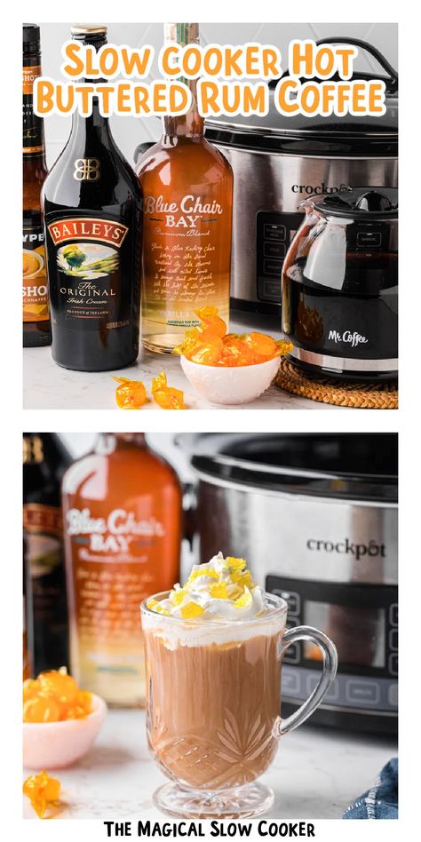 Treat yourself to a slow cooker hot buttered rum coffee, where smooth butterscotch and rich, buttery notes come together with a hint of rum—a perfect, hands-off way to enjoy a cozy and indulgent drink. Butterscotch Rum Drinks, Hot Fireball Drinks, Crockpot Alcoholic Drinks, Crockpot Drinks Fall, Holiday Drinks For A Crowd, Buttered Rum Drink, Coffee For A Crowd, Hot Alcoholic Drinks, Slow Cooker Drinks