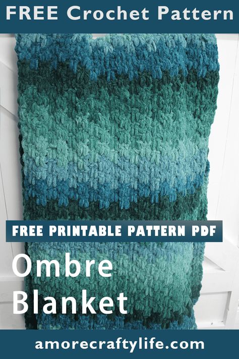 Easy Evergreen Ombre Chunky Crochet Throw Blanket - A More Crafty Life Crochet Ombre Blanket Patterns, Crochet Twin Size Blanket, Crochet Blanket Patterns Free, Chunky Crochet Throw Pattern, Chunky Crochet Throw Blanket, Chunky Crochet Baby Blanket, Chunky Crochet Throw, Crochet Blanket Sizes, Bulky Yarn Crochet