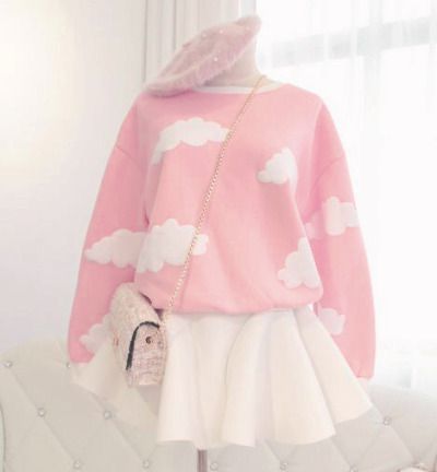 A pink cloud sweater paired with a hat and a white skirt. Pastel Outfit Ideas, Cute Pastel Outfits, Pastel Clothing, Pastel Outfits, Kawaii Outfit Ideas, Kawaii Outfits, Pastel Outfit, Pastel Fashion, Kawaii Fashion Outfits