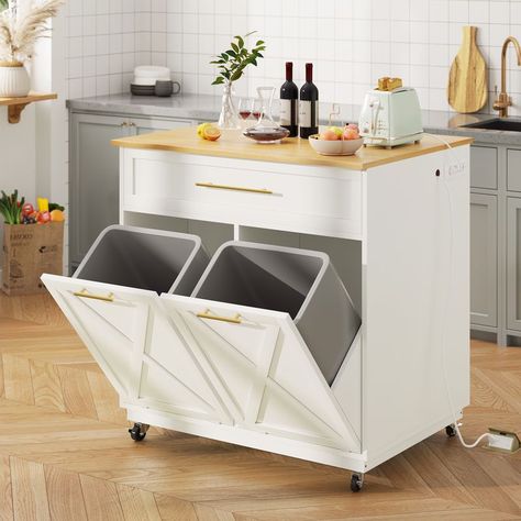 Yitahome | Modern Kitchen Island with Double Tilt Out Trash Can Storage Cabinet and Charging Station Tilt Out Trash Can, Trash Can Storage, Trash Can Cabinet, Kitchen Storage Cart, Mobile Kitchen, Utensil Drawer, Rolling Kitchen Island, Kitchen Island Cart, Wood Kitchen Island