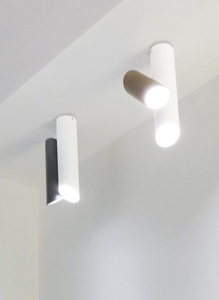 Ceiling and wall luminaries composed of two cylindrical elements in extruded aluminum, equipped with an opal polycarbonate lens for a diffused uniform light. Ceiling version with a 340° rotation for the ceiling fixed element while the other element adjustable by 90° . Wall version with a wall fixed element and the other adjustable by 60° . Available in white and grey, white and light gold and white and light white powder coated finishing. Dimmable. Spot Plafond, Ceiling Lamps, Extruded Aluminum, The Ceiling, Edison Bulb, Led Ceiling, Small Furniture, Large Furniture, Large Wall