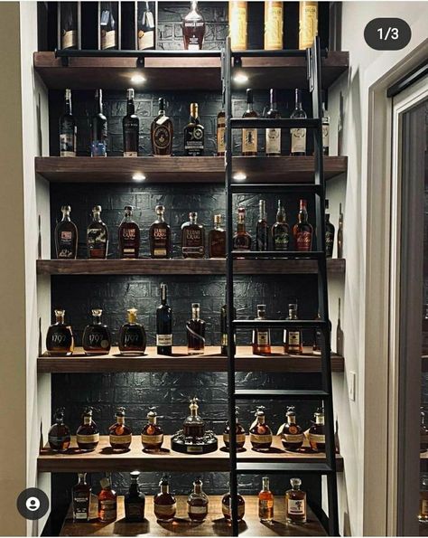 Home Library Whiskey Room, Display Liquor Cabinet, Library Wine Bar, Whiskey Display Ideas Home, Library Whiskey Room, Cigars Room Man Cave, Wine And Bourbon Room, Basement Bourbon Room, Whiskey Room Lighting