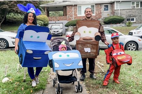 Disney Cars Halloween Costume Family Costumes, Family Disney Cars Costume, Pixar Cars Family Costume, Family Cars Costume, Sally From Cars Costume, Sally Cars Costume, Cars Family Costume, Monster Truck Costume, Stroller Costume