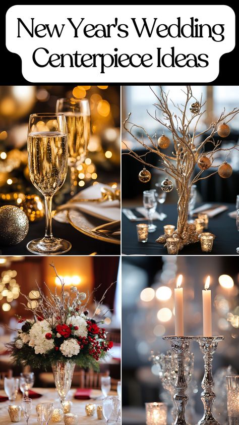 Elegant New Year's wedding centerpiece ideas for a stunning celebration. New Year’s Eve Wedding Reception Decor, New Years Wedding Decorations, New Years Eve Wedding Centerpieces, New Years Centerpiece Ideas, Nye Wedding Centerpieces, New Years Wedding Ideas, Chic Floral Arrangements, Sparkling Candle, New Year Wedding