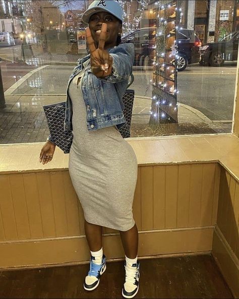 Dress And Sneakers Black Woman, Dress With Sneakers And Hat, Denim Outfit With Sneakers, Sneaker Head Women Outfit, Chic Sneaker Outfits Women, Sneaker And Dress Outfit Black Women, Skirt With Sneakers Black Women, Brunch Outfit Black Woman Sneakers, Jordan And Dress Outfit