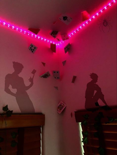 Anime Walls Room Ideas, Anime Room Decoration Ideas, Hisoka Cards In Wall Decor, Hisoka Card Wall Decor, Anime Bedroom Ideas Wall Art, Anime Walls Room, Hunter X Hunter Room Decor, Anime Wall Ideas Bedroom, Anime Bathroom Decor