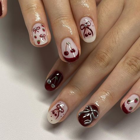 Ribbon 🎀 cherry 🍒 and strawberry 🍓 set Halloween Cherry Nails, Nail Inspo Cherry Red, Short Almond Nails Edgy, Cute Short Nail Design Ideas, Cute Short Nail Designs Fall, Waitress Nails, Cherry Short Nails, Nail Gel Ideas, Nail Art Ribbon