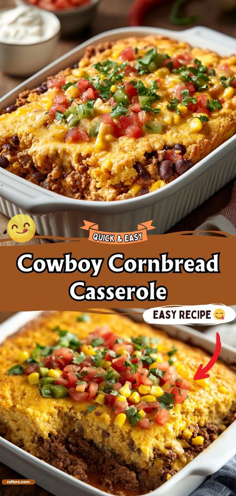 Cowboy Cornbread Casserole Spicy Cornbread Casserole, Hamburger Casserole Recipes With Jiffy Cornbread, Ranch Style Bean Casserole, Cowboy Mexican Casserole, Vegan Cowboy Casserole, Cornbread Main Dish, Ground Meat And Cornbread Recipes, Gameday Casseroles, Cowboy Pie Ground Beef