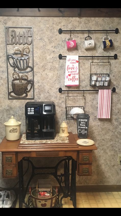 Old Sewing Machine Table Repurposed Coffee Bar, Sewing Machine Coffee Bar, Singer Sewing Machine Repurposed, Old Sewing Machine Table, Sewing Table Repurpose, Small Kitchen Furniture, Coffee Items, Singer Sewing Tables, Coffee Station Ideas