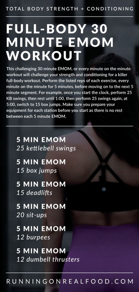 Try this CrossFit-style, 30 minute full-body EMOM workout to challenge your strength and conditioning and get a killer workout in just 30 minutes. Check out the post for details on how to scale to your level (or make it harder!) and how to modify the exercises if you're limited for equipment. For more fitness ideas check out www.fuelupshapeup.com Wods Crossfit, Crossfit Workouts Wod, Emom Workout, Crossfit Workouts At Home, Strength Conditioning By Body Part, Wod Workout, Conditioning Workouts, Killer Workouts, Body Challenge