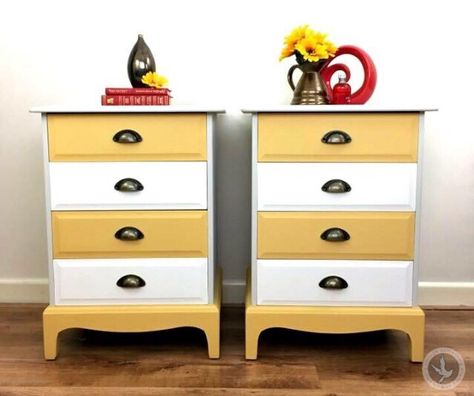 mid Century modern stag minstrel bedside cabinets. Handpainted in autentico silver for the frame . For the drawers we have used Fusion casement mineral paint Also we have used retro ochre and to finish these off we have added some bronze cup handles . White Bedroom Furniture Modern, Yellow White Bedroom, Stag Bedside Table, Stag Minstrel, Bedroom Furniture Modern, Stag Furniture, Furniture Upcycling, Bedside Cabinets, Shabby Chic Dresser