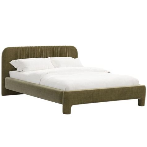 Elevate your bedroom with timeless glamour courtesy of the Juniper platform bed, fully upholstered in a luxurious velvet fabric. Its gently rounded lines and open base create a cozy yet airy ambiance. Its silhouette exudes sophistication, while generous headboard padding provides enduring comfort and support for reading or watching TV. With a convenient slat system included, this bed eliminates the need for a box spring, offering both style and practicality for your space, made in the USA. Low Headboard Bed, Bed Elevation, Green Velvet Bed, Headboard Padding, Platform King Bed, Low Headboard, Cushioned Headboard, Velvet Bed Frame, Bed In Corner