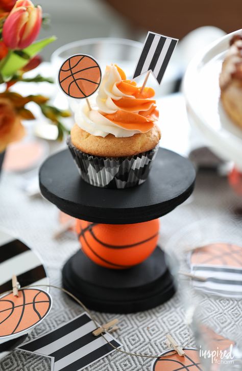 DIY Cupcake Stand - DIY Basketball Entertaining Ideas | Inspired by Charm Basketball Snacks, Basketball Centerpieces, Diy Football Party, Basketball Cupcakes, Basketball Themed Birthday Party, Basketball Party Favors, Basketball Cookies, Diy Basketball, Basketball Theme Birthday