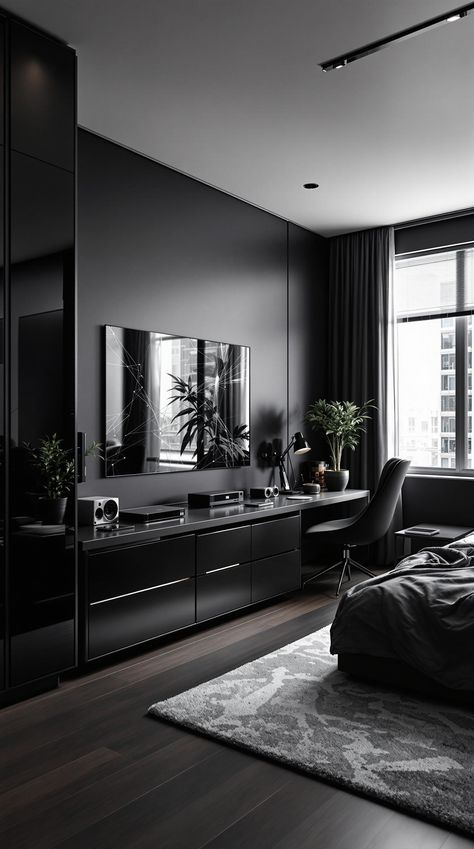 Black Bedroom Ideas Gray And Black Bedroom Ideas, Tech Bedroom, Black Themed Bedroom, Black And Grey Bedroom Ideas, Modern Black Bedroom, Black Bedroom Ideas, Black Apartment, Apartment Designs, Modern Gadgets