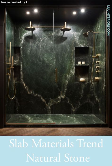 According to Lilu - Slab Material in Showers Trend #interiordesign #homedesign #custom #bathroom #stone Emerald Marble Bathroom, Green Marble Tiles Bathroom, Green Marble Shower Walls, Dark Green Marble Bathroom, Granite Slab Shower Wall, Shower Slab Wall, Emerald Bathroom Ideas, Emerald Green Shower Tile, Miami Suburbs