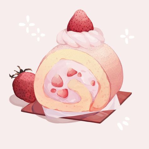 Mumechi Art, Anime Cake Drawing, Strawberry Roll, Photo Kawaii, Strawberry Roll Cake, Desserts Drawing, Dessert Illustration, Cake Drawing, Food Doodles