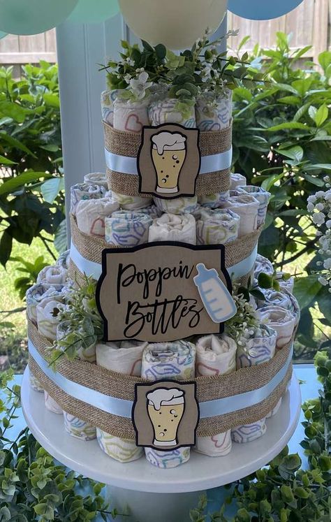 Beer Themed Gender Reveal, Bottles And Brews Party, Baby Boy Diaper Shower Ideas, Diapers And Beer Party Ideas, Male Baby Shower Ideas, Dadchelor Party Ideas, Baby Is Brewing Baby Shower Ideas, Pizza And Beer Baby Shower Ideas, Diaper Party Gift Ideas