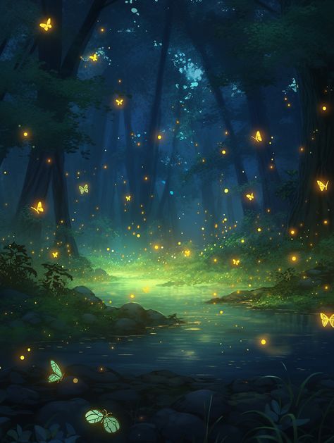 Magical Lake Art, Fantasy Forest At Night, Night Forest Drawing, Anime Forest Background, Forest Background Drawing, Anime Forest, Fantasy Backgrounds, Forest Drawing, Fantasy Background