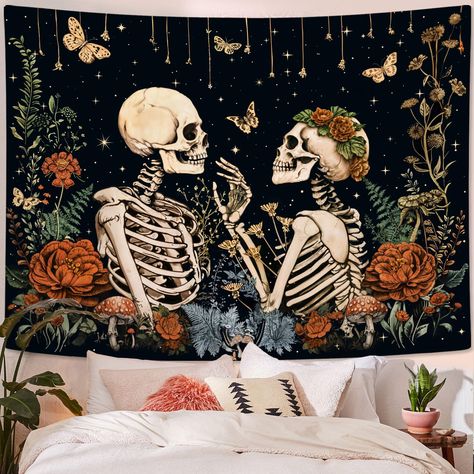 PRICES MAY VARY. Romantic Skeleton Design: This tapestry features a romantic design of skeletons surrounded by flowers and butterflies, adding a whimsical and artistic touch to any room. High-Quality Fabric: Made from premium, durable fabric that is soft to the touch, ensuring long-lasting use and easy care. Available in Multiple Sizes: Choose from four different sizes (36" × 48", 44" × 60", 60" × 80", 70" × 90") to perfectly fit your space and decor needs. Versatile Decoration: Ideal for living Gothic Boho Home Decor, Aesthetic Skull, Gothic Tapestry, Skeleton Lovers, Tapestry Aesthetic, Tapestry For Bedroom, Floral Skeleton, Velvet Decor, Artistic Vibe