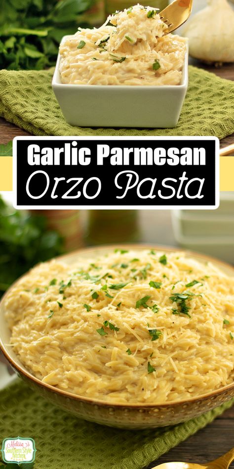 This creamy Garlic Parmesan Orzo Pasta recipe is a creamy side dish that's delicious served with chicken, pork, steak and seafood. #orzorecipes #orzo #garlicparmesanorzo #chickenandorzo #orzorecipes via @melissasssk Garlic Parmesan Orzo Recipe, Garlic Parmesan Orzo Pasta, Orzo Parmesan Recipes, Garlic Parm Orzo, Cod And Orzo Recipes, French Onion Orzo Pasta, Steak Orzo Recipes, Garlic Orzo, Pork Chops And Orzo