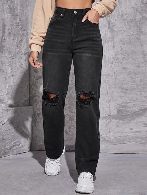 High Waist Straight Leg Ripped Jeans | SHEIN USA Black Ripped Jeans Outfit, Cute Ripped Jeans, Ripped Jeans Women, Ripped Jeans Outfit, Black Mom Jeans, Distressed Mom Jeans, Ripped Mom Jeans, Black Jeans Women, Streetwear Jeans