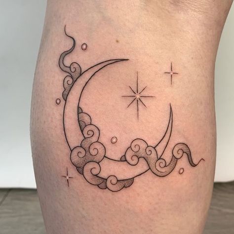 Funky Moon Tattoo, Dog On Moon Tattoo, Moon Tattoo Traditional, Moon Tattoo Black, Tattoo Colorful, Luna Tattoo, Reborn Anime, Small Moon Tattoos, Celestial Tattoo