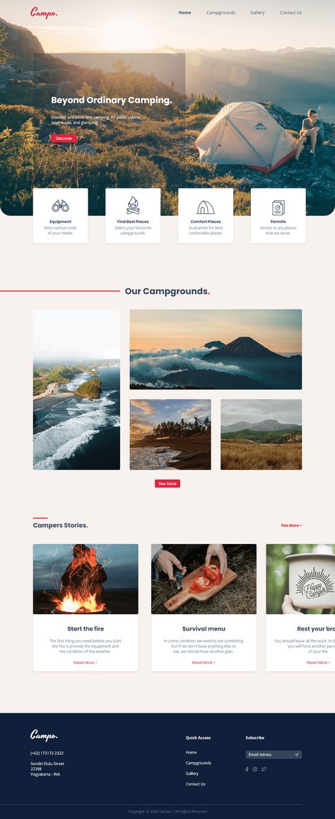 Camping landing page exploration on Behance Camp Website, Computer Science Programming, Website Landing Page, Design Camp, Mobile Friendly Website, Webdesign Inspiration, Minimalist Layout, Web Layout Design, Travel Website