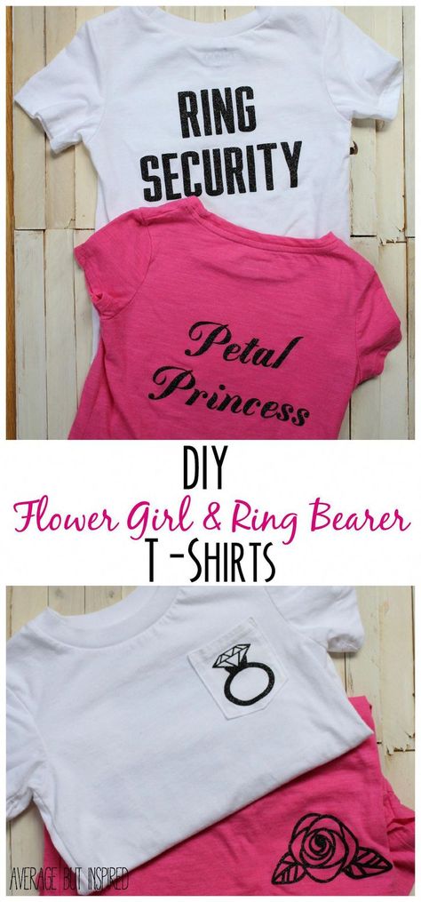 SO adorable! Learn how to make these DIY flower girl and ring bearer t-shirts for the littlest ones in the wedding party. They're easy and so cute! #diyweddingideas Ring Bearer And Flower Girl, Flower Girl Shirt, Flower Girl And Ring Bearer, Ring Security, Christmas Gifts For Teen Girls, Wedding Party Shirts, Bearer Outfit, Princess Diy, Ring Bearer Outfit