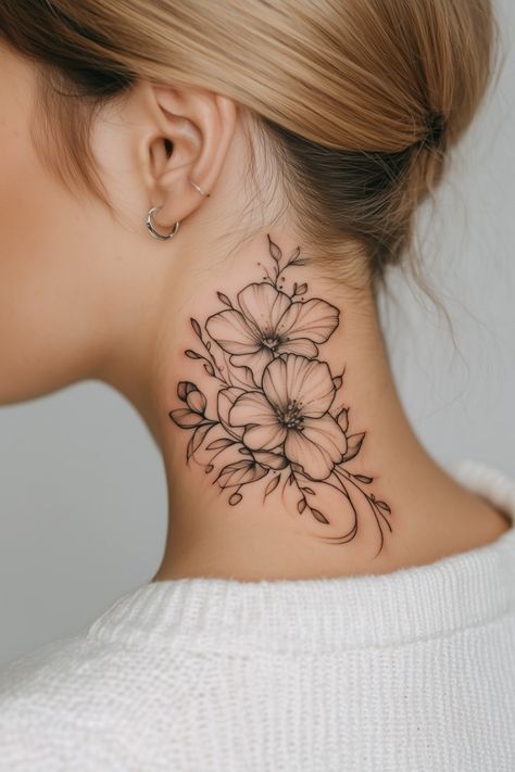 Women Side Neck Tattoo, Woman Neck Tattoo Side, Elegant Neck Tattoo, Floral Neck Tattoo For Women, Women Neck Tattoo Ideas Side, Side Neck Tattoos Women Ideas, Tattoo Neck Woman, Side Of Neck Tattoos Women, Neck Tattoos Women Side