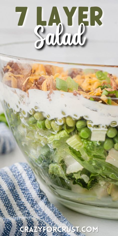 This Classic Easy 7 Layer Salad is the perfect layered pea salad for a potluck! It's got a creamy ranch dressing with cheddar cheese! 7 Layer Salad With Ranch Dressing, Layered Salad With Peas, Salad Ranch, Layered Salads, Pasta Salad With Spinach, 7 Layer Salad, Tomato Pasta Salad, Layer Salad, Seven Layer Salad