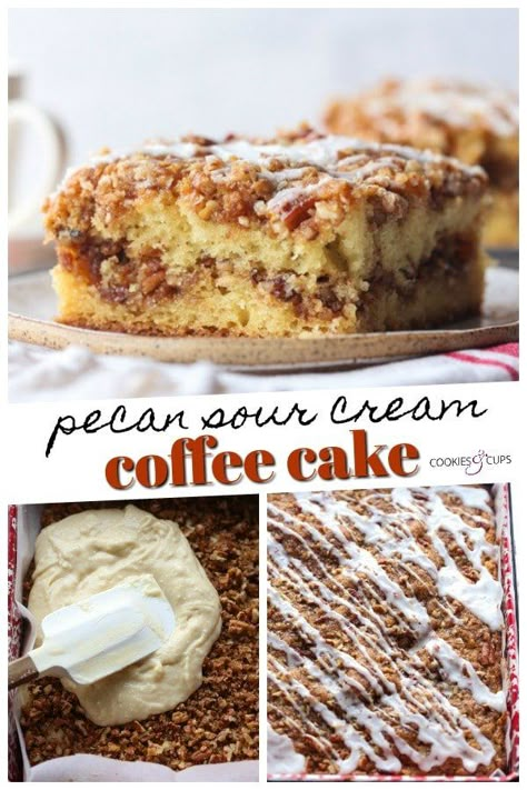 Pecan Sour Cream Coffee Cake is an ultra moist coffee cake filled and topped with cinnamon pecan streusel. This easy breakfast cake recipe is an amazing way to start your day!#cookiesandcups #coffeecake #crumbcake #pecans #breakfast #cake Decadent Cheesecake, Pecan Coffee Cake, Breakfast Cake Recipes, Cake With Cinnamon, Pecan Topping, Tastes Better From Scratch, Cinnamon Pecans, Heath Bars, Sour Cream Coffee Cake