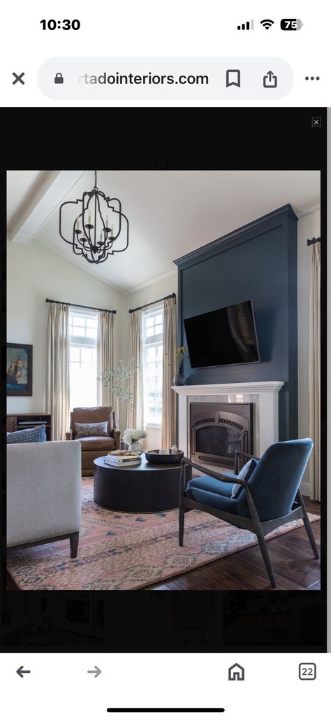 Blue Fireplace Wall, Condo Fireplace, Blue Fireplace, Fireplace Tv Wall, Navy Blue Top, Living And Dining Room, Fireplace Wall, Tv Room, Blue Paint