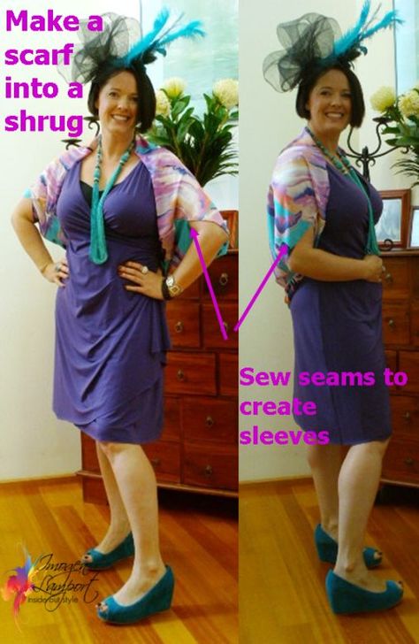 How to Make a Shrug from a Square Scarf Ways To Wear Scarves, Nina Proudman, How To Wear A Blanket Scarf, Beauty And Beast Wedding, Sewing Coat, Inside Out Style, Clothing Upcycle, Chic Jacket, Shrug Pattern