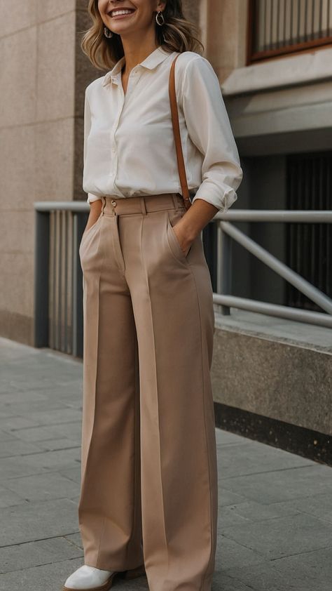 Discover the perfect trousers outfit for women that effortlessly balances style and sophistication Whether you're dressing for a formal event or a casual day out we've curated an array of looks that cater to your every need From chic cream trousers paired with a classy pink suit to versatile black options that can be dressed up or down youll find endless inspiration here Explore olive green and grey combinations and elevate your wardrobe with stylish polo and shirt pairings t Sage Trousers Outfit, Elegant Beige Trousers, Beige Trousers For Semi-formal Occasions, Tailored Beige Bottoms For Semi-formal Occasions, Formal Fitted Beige Wide Leg Pants, Trendy Beige Trousers, Wide Leg Trousers Outfit Classy, Camel Trousers Outfit, Tan Trousers Outfit