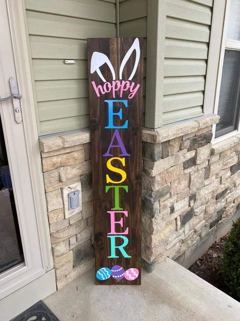 Wood Easter Signs, Easter Door Signs Front Porches, Easter Signs Wooden Diy, Easter Porch Signs Diy, Easter Pallet Ideas, Easter Porch Leaner, Spring Porch Signs Diy, Easter Welcome Sign, Outside Signs Front Porches