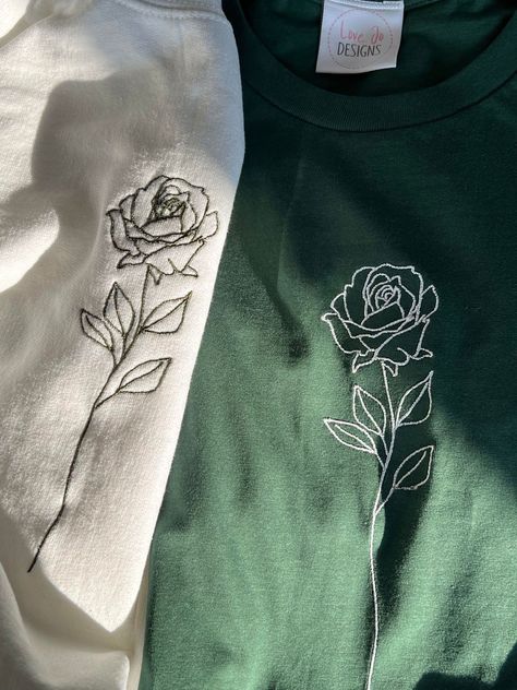 Organic Single Rose T-shirt - Embroidered Designs - Hand Drawn Rose - Sustainable Clothing - Soft Unique Top Red Shirt Embroidery, Cute Shirt Designs Drawing, Embroidery On Shirts Diy, Black Flower Embroidery, White Rose Embroidery, Drawing On T Shirt, Unique Embroidery Designs Ideas, Embroidery On Tshirt Ideas, Cute Hand Embroidery Designs