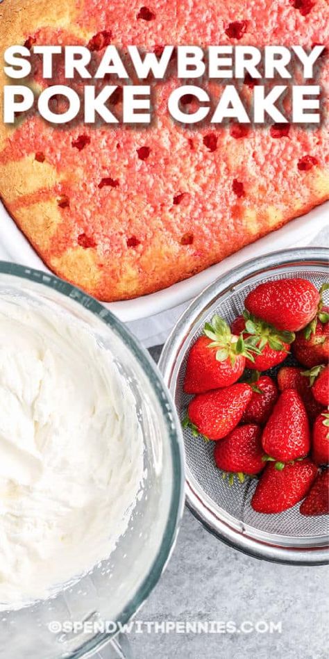 Strawberry Poke Cake Jello, Strawberry Poke Cake, Poke Cake Jello, Punch Bowl Cake, Strawberry Poke Cakes, Ice Cream Sprinkles, Poke Cake Recipes, Strawberry Jello, Strawberry Slice