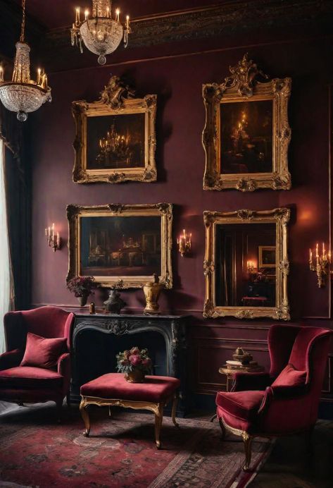 Dark Maxamilist Interior, Dark Modern Office Design, Victorian Aesthetic Living Rooms, Mulberry Living Room, Dark Red Walls Living Room, Victorian Style Living Room Ideas, Maroon Walls Living Room, Lighting Dark Room, Moody European Interiors