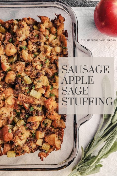 Holiday stuffing Christmas or thanksgiving side dish Stuffing Recipe With Sausage, Apple Sage Stuffing, Sausage Stuffing Thanksgiving, Stuffing With Apples, Homemade Stuffing Recipe, Recipe For Sausage, Homemade Stuffing Recipes, Recipe With Sausage, Holiday Dinner Menu