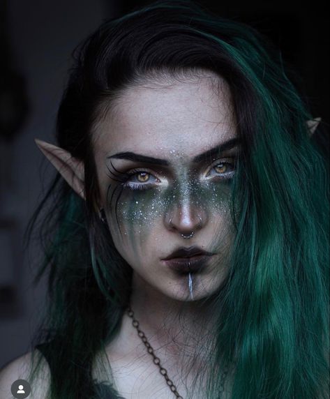 Dark Fae Ren Faire, Dark Elf Cosplay Makeup, Dark Ren Faire Makeup, Dark Elf Costume Makeup, Dark Forest Fairy Makeup, Dark Elf Costume Halloween, Dark Elf Halloween Costume, Dark Fae Cosplay, Fae Halloween Costumes