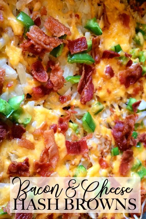 Bacon and Cheese Hash Browns are the favorite breakfast potatoes at our house. Made with bacon, cheese, onions and spices, it is the perfect breakfast or brunch recipe.     #hashbrowns #bacon #cheese #brunch #sidedish #easyrecipe Cheese Hashbrowns, Bacon Casserole, Breakfast Sides Dishes, Breakfast Sausage Recipes, Hashbrown Breakfast Casserole, Bacon And Cheese, Hashbrown Recipes, Bacon Breakfast, Breakfast Potatoes