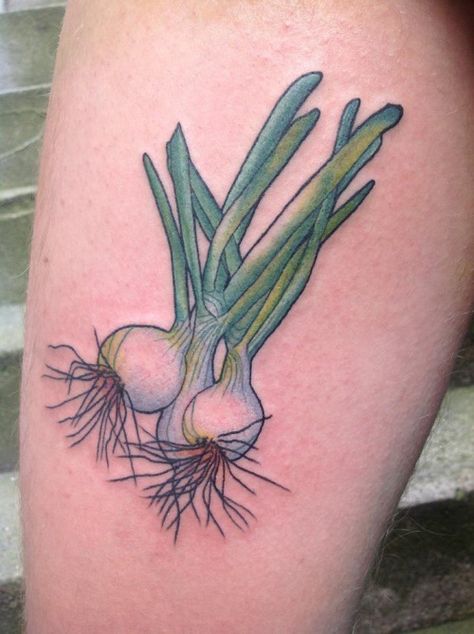 Onion Tattoo, Culinary Tattoos, Awesome Tattoo, Green Onion, Tattoo Blog, Tattoo Tattoo, Tattoos And Piercings, Maple Leaf Tattoo, Cool Tattoos