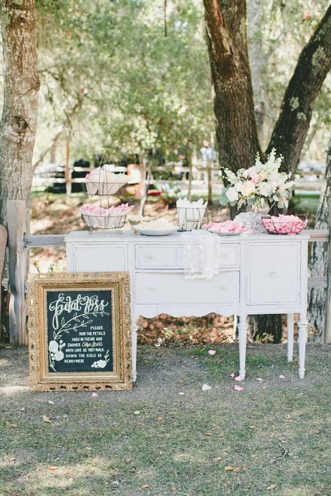 Wedding Flower Petal Bar, Vintage Dresser Flower Toss Wedding Exit, Outdoor Wedding Seating, Petal Toss Wedding, Creative Wedding Sign, Unique Wedding Ceremony Ideas, Confetti Bars, Petal Toss, Wedding Petals, Flower Bar