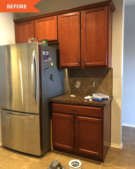 Before: Fridge surrounded by dark brown cabinets Countertop Hutch, Dark Tile Backsplash, Decorating Above Kitchen Cabinets Ideas, Countertop Refinishing Kit, Space Above Kitchen Cabinets, Refinish Countertops, Decorating Above Kitchen Cabinets, Paint Stir Sticks, Brown Kitchen Cabinets