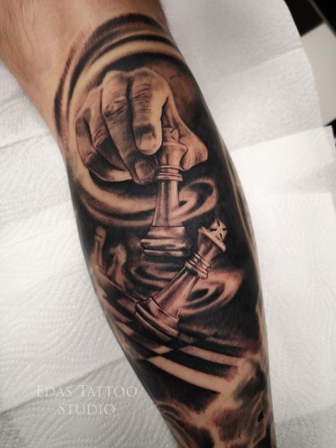 Chess Hand Tattoo, Chess Tatoos Design, Checker Board Tattoo, Business Man Tattoo, Chessboard Tattoo, Filler Ideas For Tattoo Sleeve, Urban Tattoos Designs Men, Black King Tattoo, Check Mate Tattoo