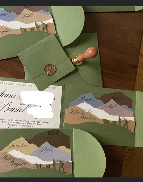 National Park Invitation, Landscape Wedding Invitations, Wedding Invitations Mountains, Hiking Themed Wedding, Wedding Invites Ideas, Ren Faire Wedding, Middle Earth Wedding, Outdoor Wedding Invitations, Mountain Wedding Invitation