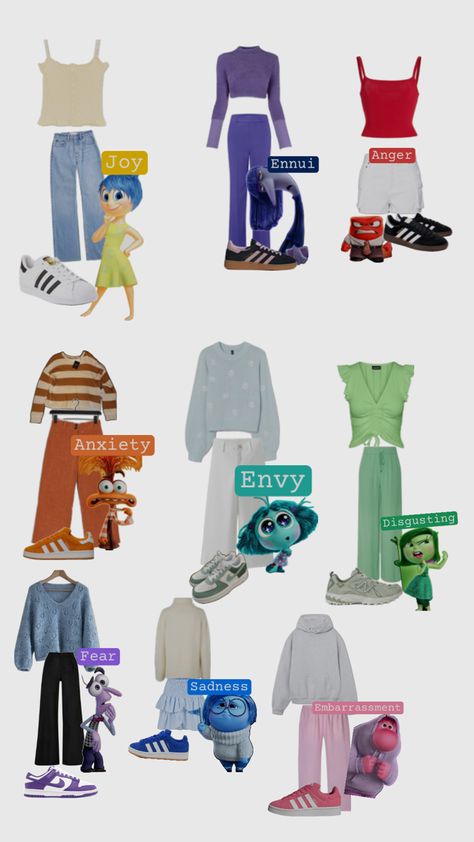 Inside Out Spirit Week, Disney Vs Pixar Spirit Week, Inside Out 2 Characters Outfits, Inside Out 2 Inspired Outfits, Inside Out 2 Costumes Group, Embarrassment Inside Out Outfit, Inside Out Inspired Outfits, Inside Out Outfit Ideas, Inside Out Halloween Costume